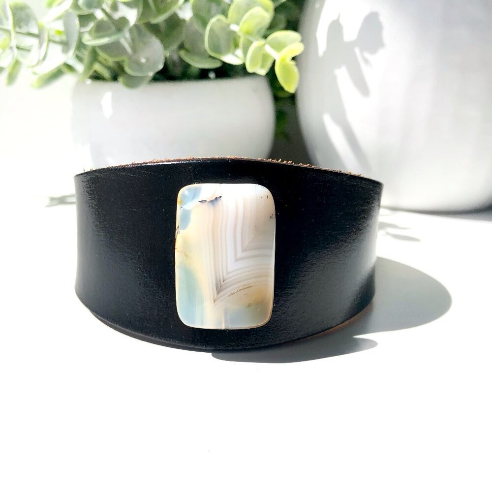 Handmade MishaGirl Black Genuine Leather Cuff Bracelet with Carnelian Bead